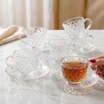 Kristal Kesme Desen 6 Kişilik Tabaklı Lüks Cam Çay Fincan Takımı Şeffaf