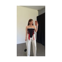 Elif Teke Balenli Kırmızı Kurdelalı Korse Bluz Lacivert Standart
