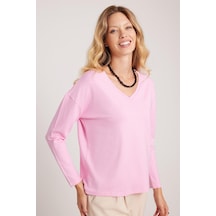 Tudors Kadın Slim Fit Dar Kesim Viskonlu Kumaş V Yaka Pembe Bluz-41367 Pembe