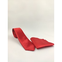 Demfashion Saten Parlak Slim Kravat Mendil Seti Kırmzı Kırmızı