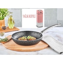 Granit Tava 24 Cm Ve Pembe Yağlık Sirkelik Sosluk Siyah