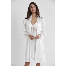 Pierre Cardin 2li Ekru Saten Kısa Gecelik Sabahlık 4300 Ekru