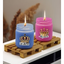 Bk Gift Kişiye Özel Dtf Kral Kraliçe Tacı 2 Li Mavi Ve Pembe Renkli Cam Kavanozda Kokulu Mum-1, Arkadaşa Hediye, Sevgiliye Hediye