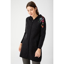 Desen Triko Kadın Reglan Kol Nakış İşlemeli Kapüşonlu Uzun Kaban