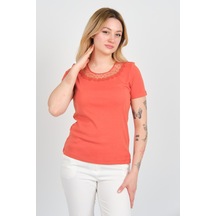 Ella Camelia Kadın Yakası Dantel İşlemeli Kısa Kol Pamuklu Bluz 24e008 Kiremit Kiremit