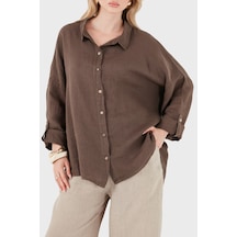 Via Dante % 100 Keten Oversize Yarı Transparan Gömlek Bayan Gömlek 7697 Kahve