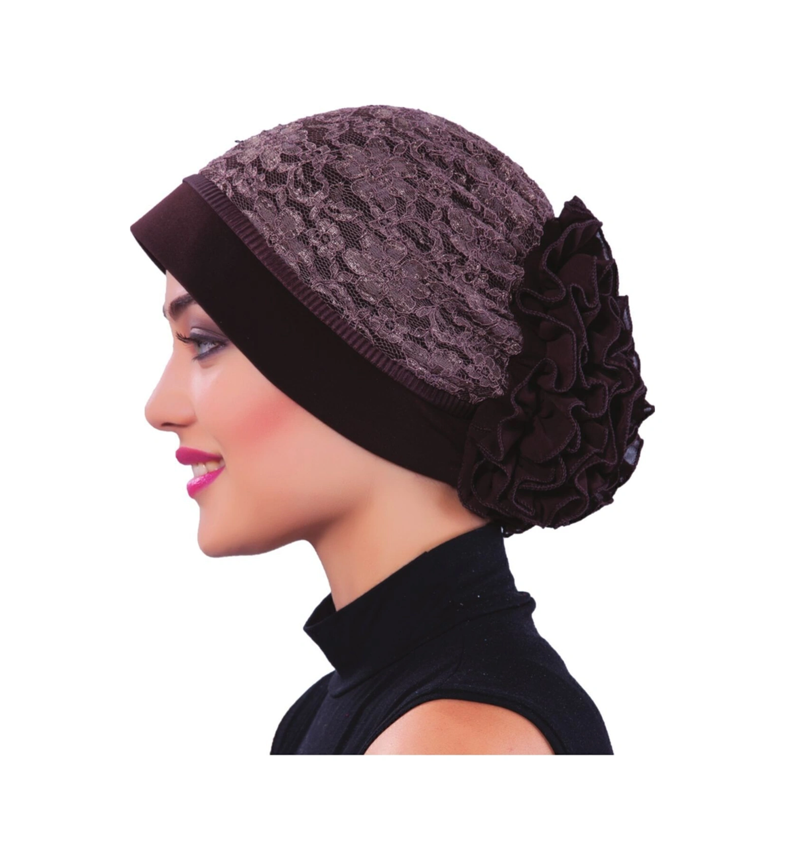 Kordoneli Arkası Fırfırlı Önü Plise Biyeli Kahve Hazır Türban Tesettür Bone Kahve