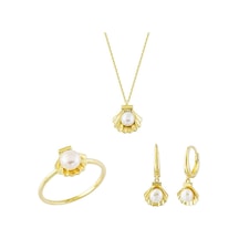Sembol Gold Altın 3lü Takı Seti İstiridye 14k Gold T8467 Renkli