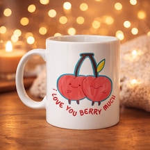 I Love You Berry Much Tasarımlı Kupa Model 12 Sevimli Kiraz Desenli Porselen Kahve Kupası - Hediye Fincanı Beyaz
