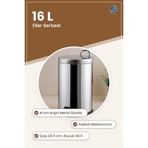 Pedallı Krom Metal Çöp Kovası 16 L Mutfak Banyo Ofis Çap 24.5 Cm