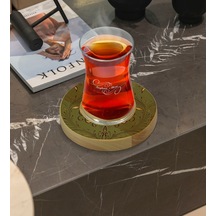 Kişiye Özel Retro Motif Tasarımlı Doğal Ahşap Tabaklı Heybeli Çay Bardağı Model 4