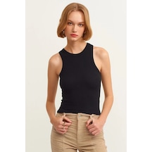 Refox Kadın Siyah Fitilli T-shirt Halter Yaka Örme Atlet , Sporcu Atlet