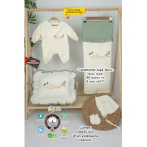 Gros Shop Müslin Yeni Doğan 4katlı Organik %100pamuk Kişiye Özgü Nakışlı Hastane Çıkış Seti Güllü Model-4 Ekru-1