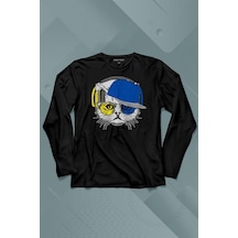 Cat Glasses Gözlüklü Sarı Lacivert Fenerbahçe Kedi Uzun Kollu Tişört Baskılı T-shirt 001