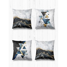 Çift Tarafı Farklı Desenli Süet 4'lü Kırlent Kılıfı-Üçgen Siyah Beyaz Mermer