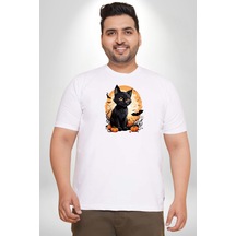 Angemiel Cadılar Bayramı Kedi Beyaz Büyük Beden Kadın Erkek Ünisex Basic Ön Baskılı Tişört Beyaz
