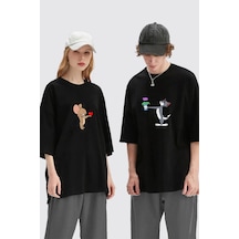 Unisex Kadın Erkek Tom Ve Jerry Baskılı Sevgili Çift Kombini Tasarım Oversize T-shirt 2'li Set Siyah Mck1958 Siyah