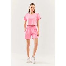 Rahat %100 Pamuklu Penye Beli Lastikli Bel Cepli Kısa Trendy Kadın Şort Pembe