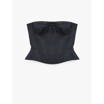 Koton Slim Fit Nervürlü Kolsuz Straplez Korse Büstiyer Lacivert 6sak30104uw