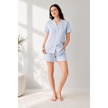 Arnetta Premium Seri Kadın Gömlek Yaka Önden Düğmeli %100 Pamuklu Kısa Kol Şortlu Pijama Takım Mavi