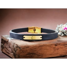 Archin Ğ Harfine Özel Siyah Derili Dikdörtgen Motifli 14 Ayar Altın Plakalı Hediye Bileklik-540harf Ğ