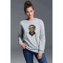Dj Zombie Skull Baskılı Gri Kadın Sweatshirt