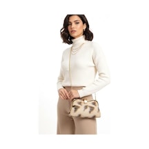 Genel Bej Desenli Suni Kürk Zincirli El Ve Omuz Clutch Portföy Çanta