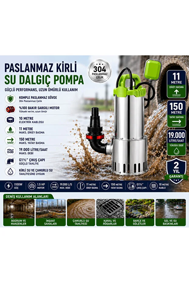 1100w 1.5hp Paslanmaz Kirli Su Dalgıç Pompa