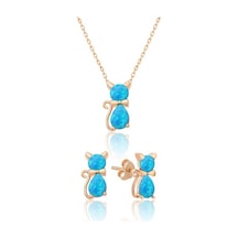 925 Ayar Opal Taşlı Kedi Gümüş Kadın Küpe Kolye Set Rose Altın