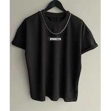 Siyah Oversıze Brooklyn Baskılı Bisiklet Yaka Unisex T-shirt Siyah