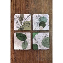 Doğal Taş Bardak Altlığı 4'lü Set - Yeşil Modern Desenler Baskılı Stone Coasters Çok Renkli