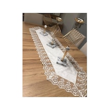 Kadife Dantel Detaylı Krem Runner 140x40cm Renkli
