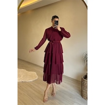 Neşeli Butik Kadın Kat Kat Volanlı Kuşaklı Midi Şifon Elbise Nm004 Bordo