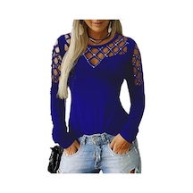 Gmxıa Kadın Modası Rahat Yazlık Hollow Iron Matkap Düz Renk Baskı Uzun Kollu O-yaka Bol Bluzlar Ve Gömlekler Mavi