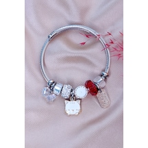 Bhs Life Kadın Charmlı Beyaz Kedi Çelik Bileklik Beyaz