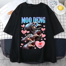 Flood Of Style Komik I Love Moo Deng Sevimli Bebek Hippo Sevgilisi Meme T Shirt Erkek Kadın Moda Gotik Rahat Siyah