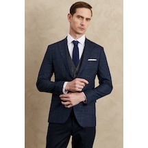 AC&Co / Altınyıldız Classics Erkek Lacivert Slim Fit Dar Kesim Mono Yaka Desenli Yelekli Takım Elbise 4A3123100002LAC546N Lacivert