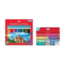 Faber Castell 24 Renk Kuru Boya Ve 8'li Textliner Pastel Fosforlu Kalem Seti İkisi Birarada Set Çok Renkli