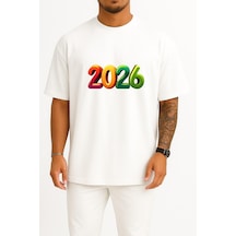 Bahriyeli Collection Oversize 2026 Yılbaşı Göğüs Tasarımlı Unisex T-shirt Beyaz