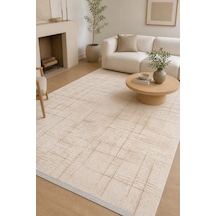 Aksis Modern Şık Krem Oturma Odası Halısı Robot Süpürge Uyumlu Kolay Temizlenebilir Polyester Dokulu