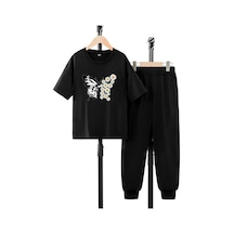 Çocuk Papatya Kelebek Baskılı Eşofman Takımı Siyah