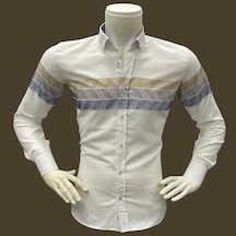 Klasik %100 Cotton Uzun Kollu Terletmeyen Kışlık Flanel Kumaş 3 Renkli Çizgili Gömlek Regular Kalıp -10527 Beyaz