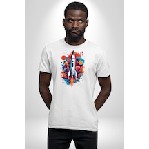 Uzay Aracı Roket Unisex Unisex Beyaz Organik Baskılı T-shirt Penye Yüksek Kalite Beyaz