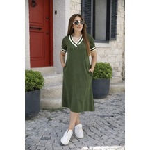 Kadın Kısa Kollu V Yaka Ve Yaka Ribana Detay Midiboy Viskon Elbise Haki