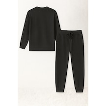 Unisex Siyah Waffle Kumaş Eşofman Takımı Rahat Ev Ve Günlük Giyim Siyah