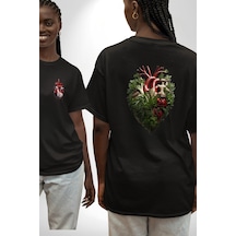 Doğanın Kalbi Yeşillikler Kalp Siyah Oversize Unisex Ön Ve Sırt Baskılı Tişört Siyah