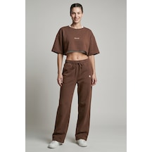 Woneagle Kadın Kahverengi Crop Kısa Kollu Tshirt Ve Geniş Paça Alt 2'li Eşofman Takımı Kahverengi Kahverengi