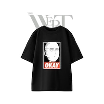 Thewert Saitama Okay Tasarım Baskılı Ünisex Siyah Oversize T-shirt