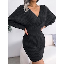 Veraura Lifestyle Kadın Uzun Kollu Kruvaze Geniş Yakalı Mini Triko Elbise Siyah