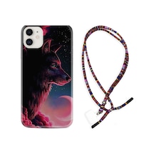 Apple Uyumlu iPhone 13 Mini Kılıf Rasta Boyun Askılı Wolf And Moon 1380